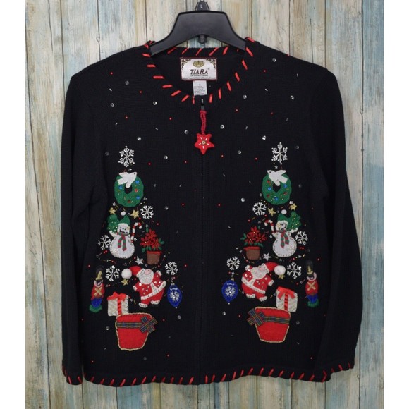 Tiara Ugly Christmas Sweater Size S Shoulder Padded Black Embroidered Cardigan